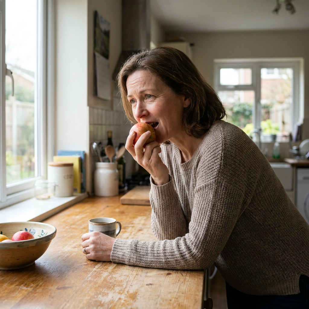 Linda, a woman in a brown sweater, leans on a wooden kitchen counter and bites into a red apple while looking out a window.