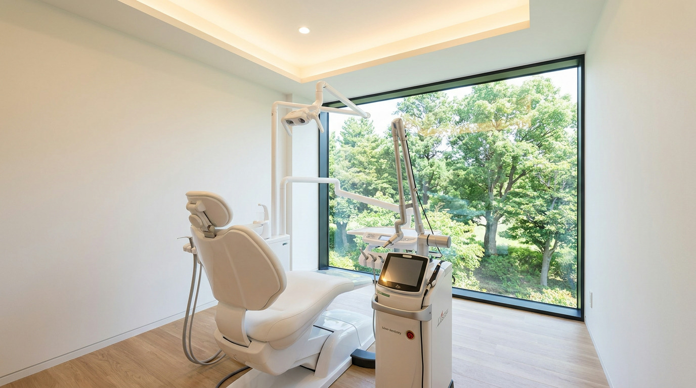 An empty white dental chair and a modern laser dentistry unit sit in a well-lit room with white walls, light wood flooring, and a large window overlooking a lush green, tree-filled landscape.