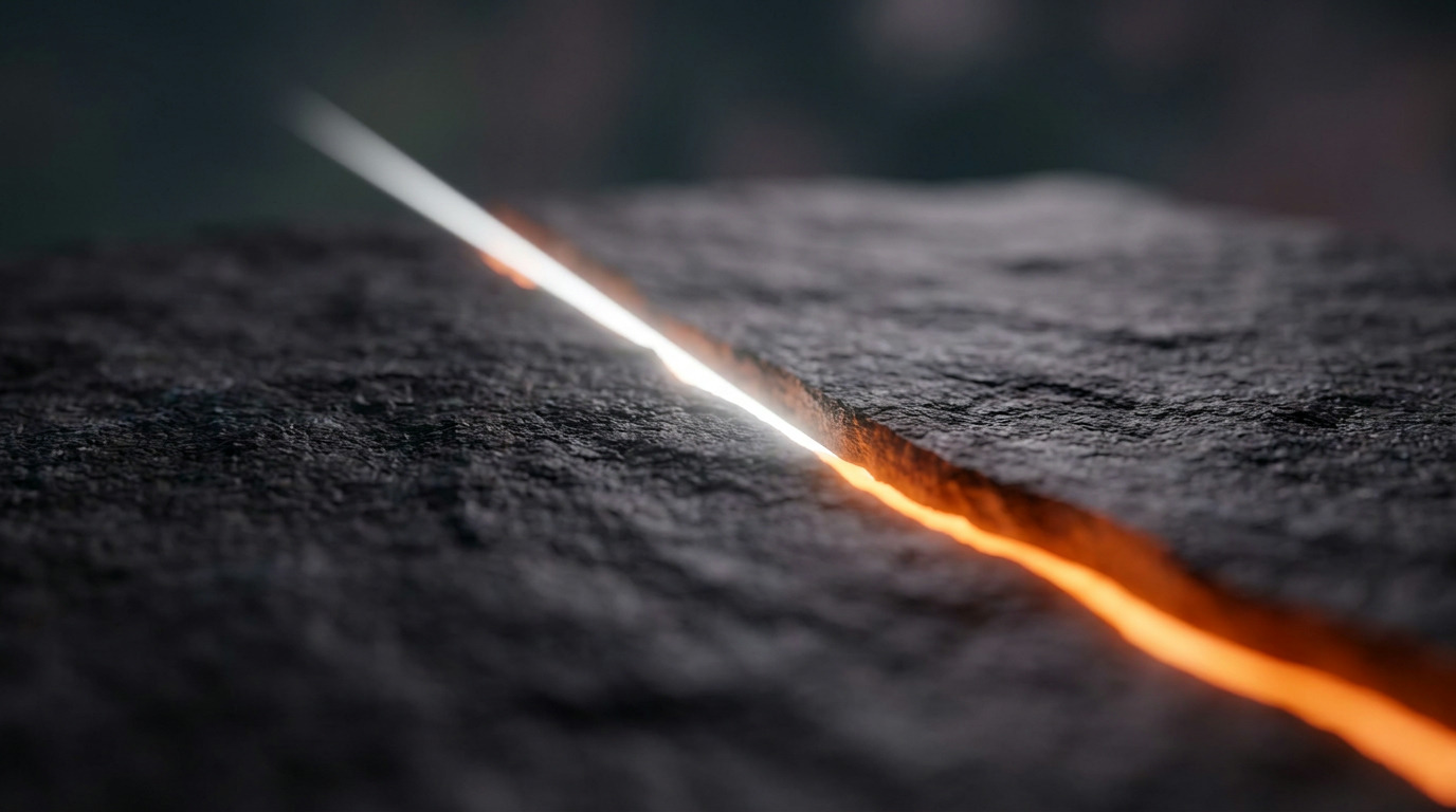 A dark, textured surface is split by a glowing line that transitions from bright white to orange, with a softly blurred background.