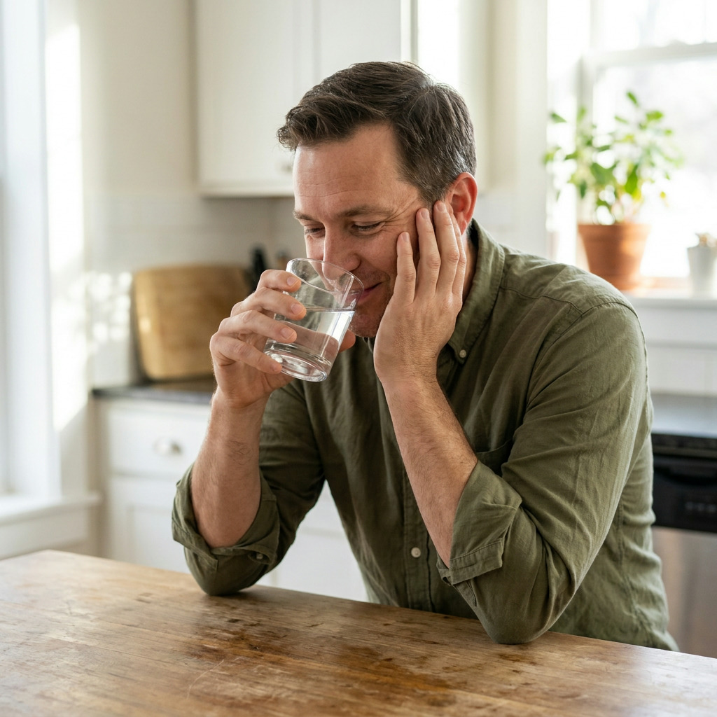 Hunter, wearing an olive button-down shirt, sits at a wooden kitchen island, taking a cautious sip of water from a clear glass while gently touching his cheek with his free hand, a relieved expression on his face.