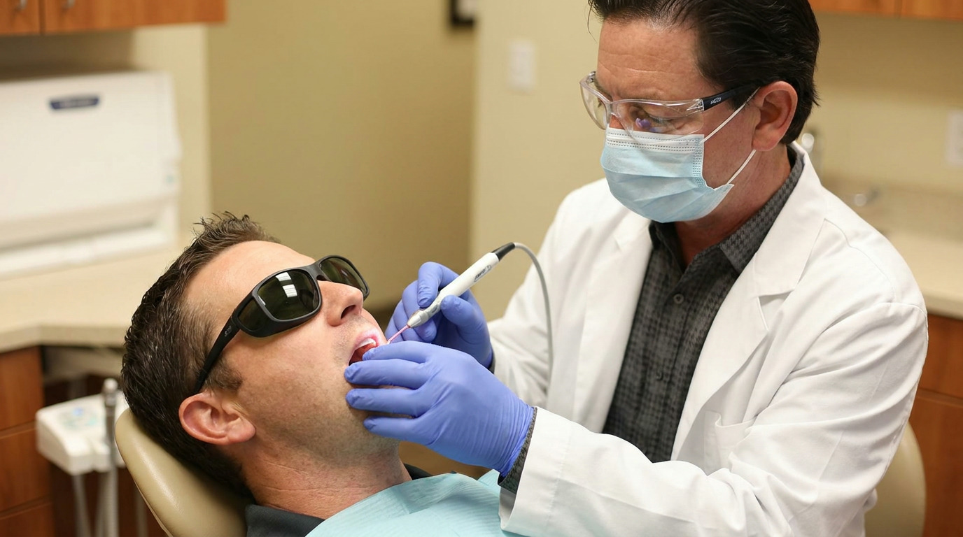 Hunter, wearing dark protective glasses and a blue bib, lies in a dental chair while Dr. Michael Haight, wearing a white lab coat, mask, safety glasses, and blue gloves, uses a dental tool inside Hunter's mouth.