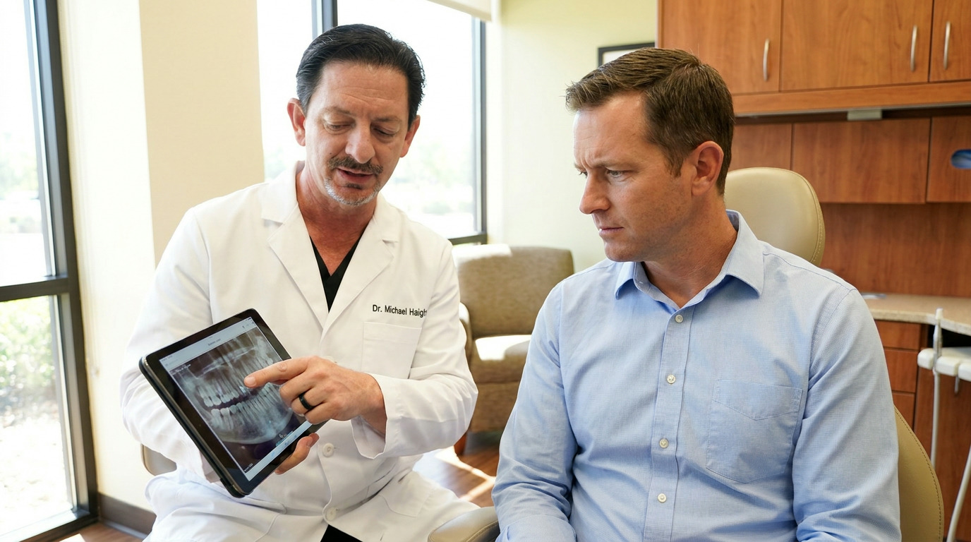 Dr. Michael Haight, wearing a white lab coat, points to a dental diagram on a digital tablet while speaking to Hunter, who sits in a dental chair wearing a light blue button-down shirt, in a modern consultation room.