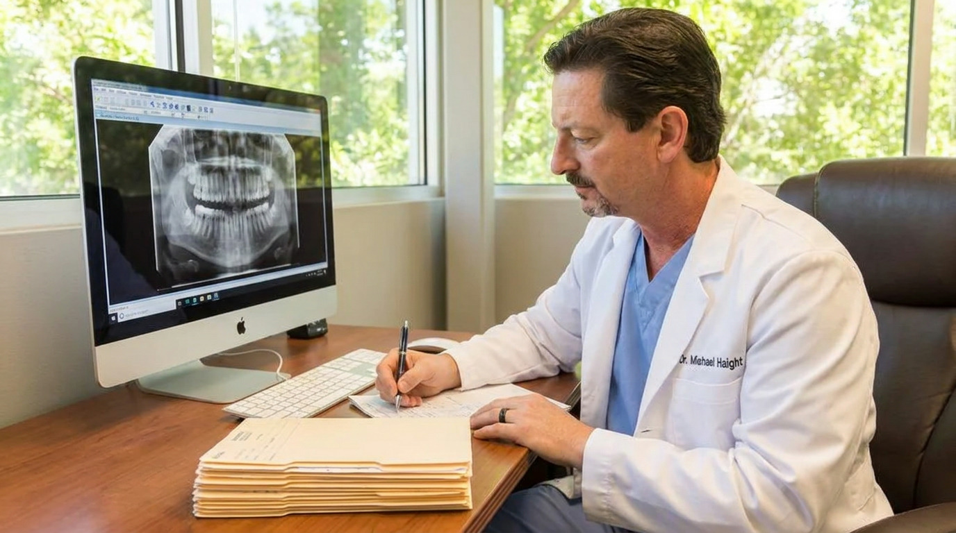 Dr. Michael Haight, wearing a white lab coat over blue scrubs, sits at a desk writing on paper while looking at a computer monitor displaying a dental X-ray.