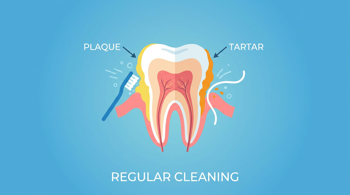 Illustration of a tooth cross-section with yellow plaque and orange tartar, a toothbrush cleaning plaque, and floss removing tartar, with text labels "PLAQUE", "TARTAR", and "REGULAR CLEANING" on a blue background.