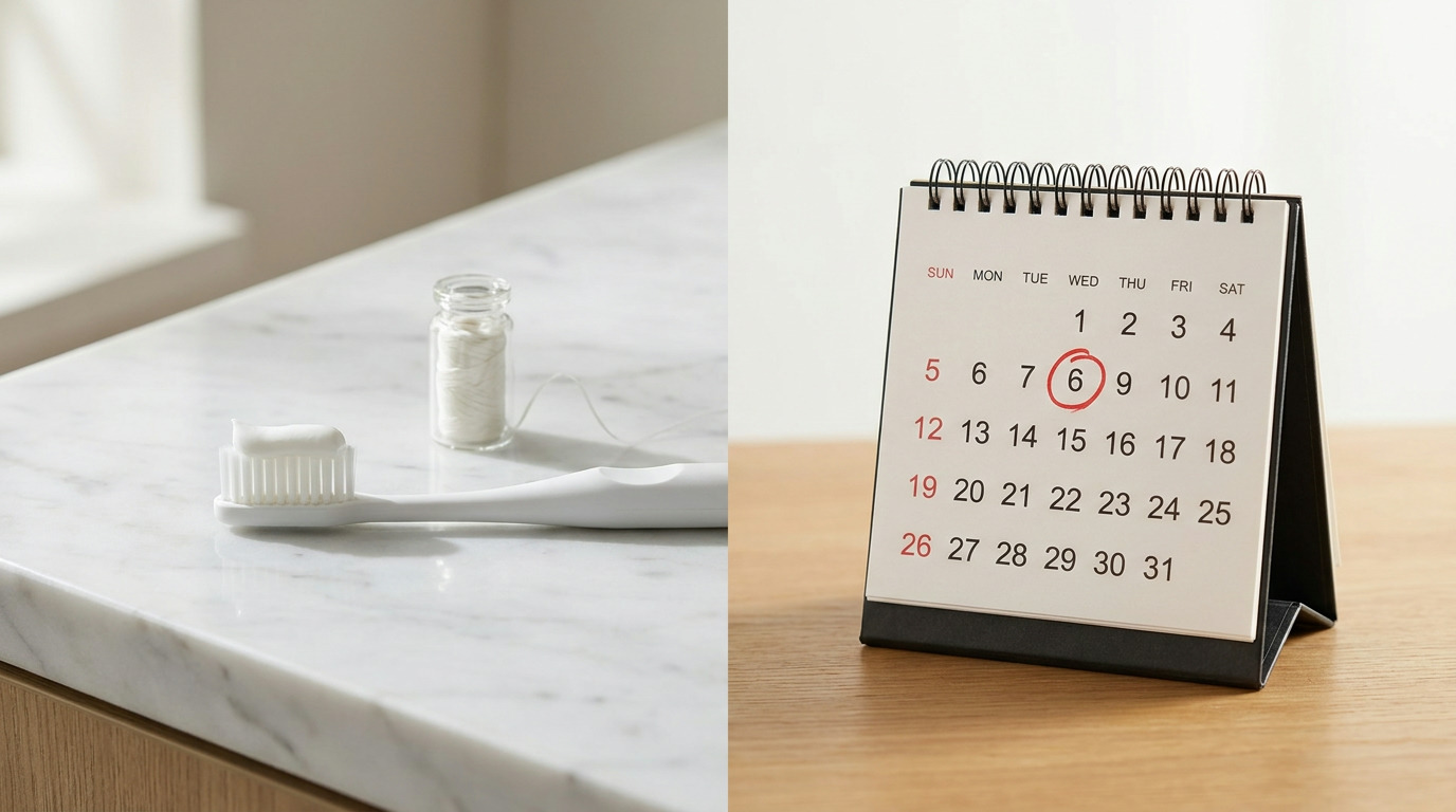 A white toothbrush with toothpaste and a small vial of dental floss rest on a marble counter next to a desk calendar with the number 6 circled in red.