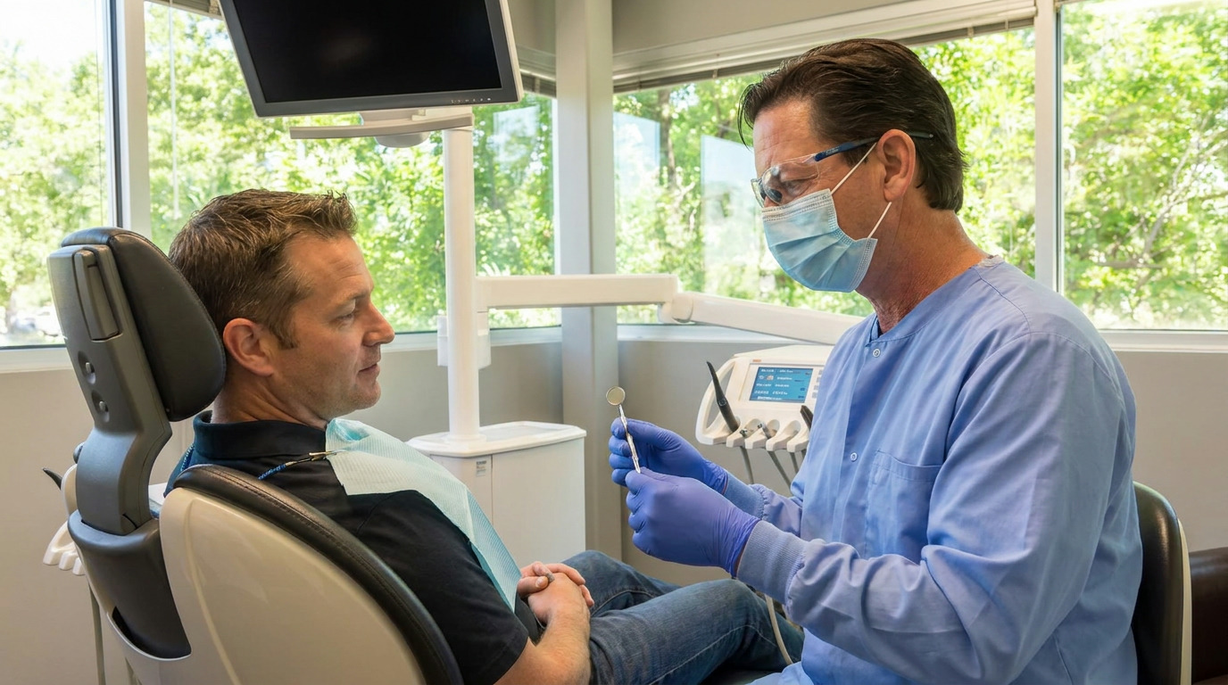 A male dentist in blue scrubs, mask, and safety glasses holds a dental mirror while looking at a male patient in a dental chair with a light blue bib, in a bright dental operatory with large windows.