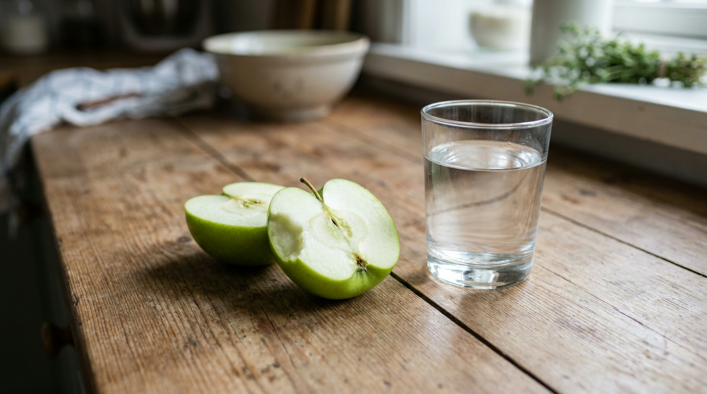 A green apple cut in half, with a bite taken from one piece, sits next to a glass of water on a rustic wooden table.