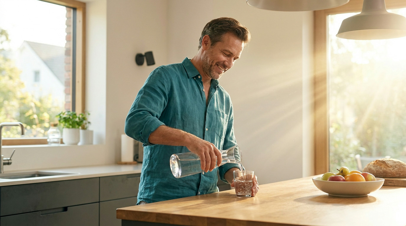 Benjamin, smiling, pours water from a clear carafe into a glass on a wooden kitchen island, wearing a teal shirt. Sunlight streams through a large window, illuminating the modern kitchen with a sink, plants, and a fruit bowl.