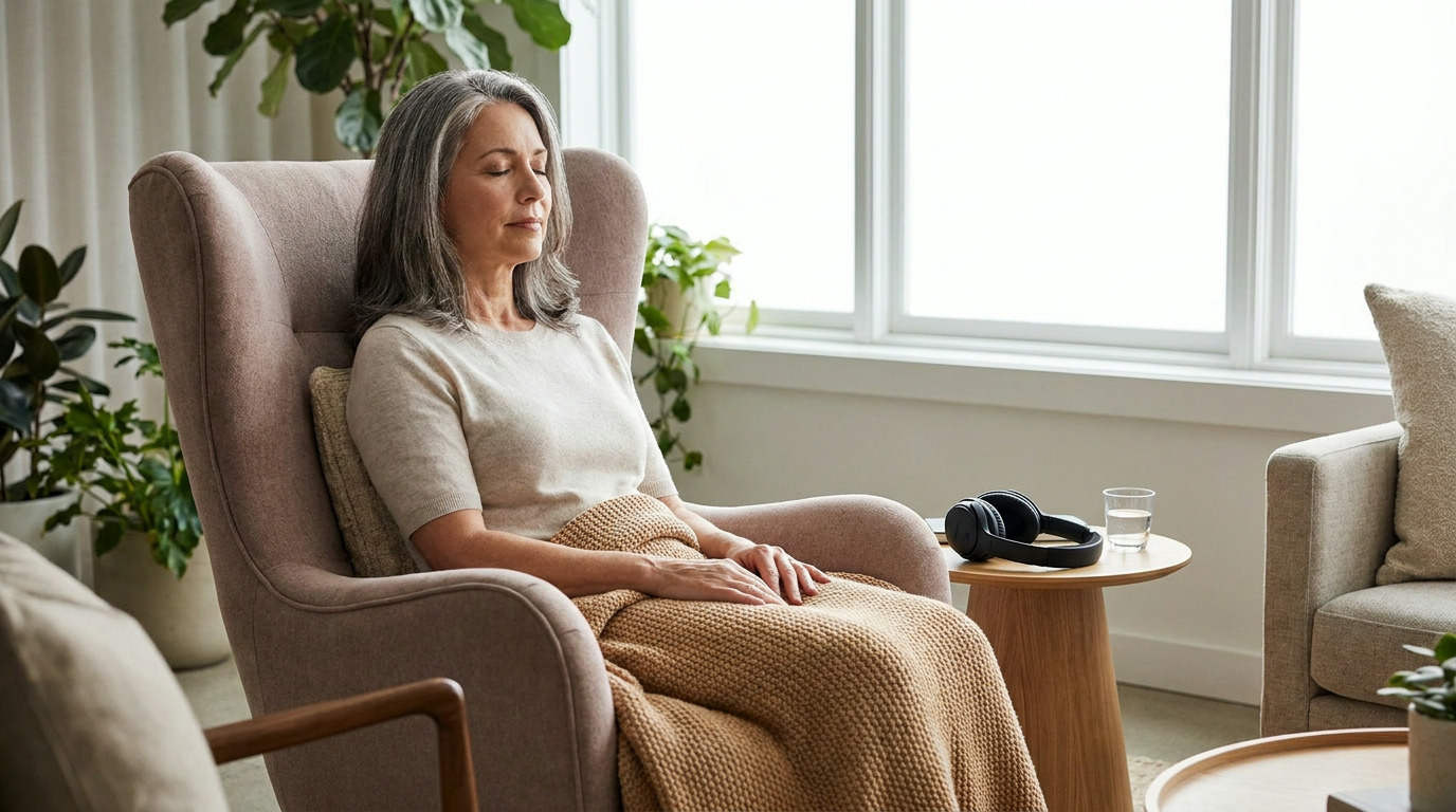 Catherine sits in a plush armchair with her eyes closed, hands resting in her lap, covered by a knitted blanket, next to a side table with headphones and a glass of water, in a room with large windows and plants.