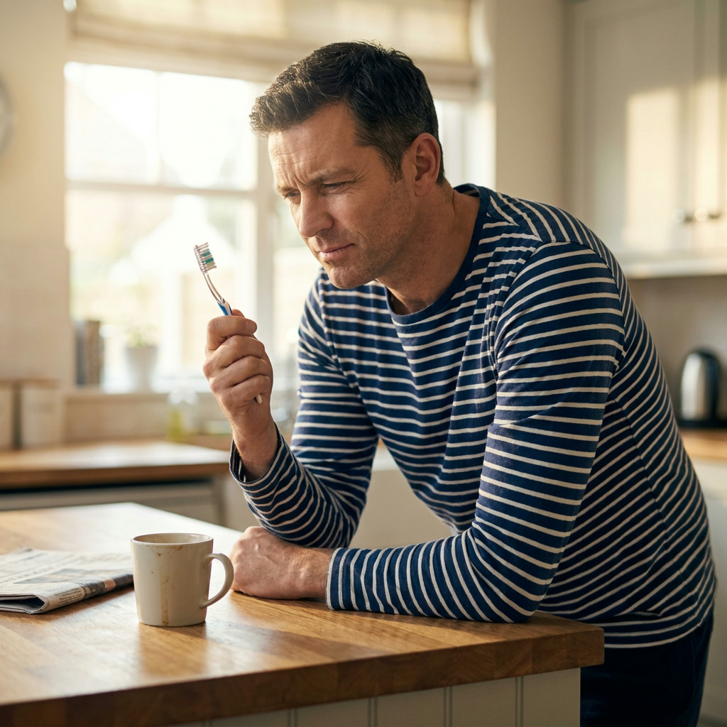 Benjamin, wearing a striped long-sleeve shirt, leans on a kitchen counter, carefully examining a toothbrush in his hand, with a coffee mug and newspaper nearby.