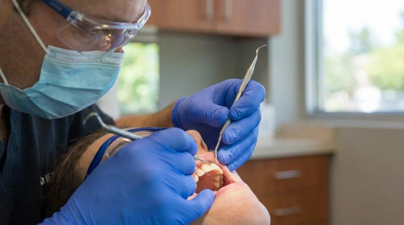 A dentist wearing a mask, safety glasses, and blue gloves uses dental tools to examine a patient's open mouth.