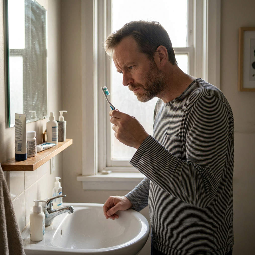 Benjamin stands at a bathroom sink, holding a toothbrush close to his face and examining its bristles, with products on a shelf and a window in the background.