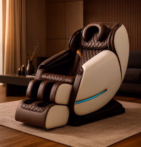 Modern brown and beige massage chair with quilted leather design in a cozy living room.