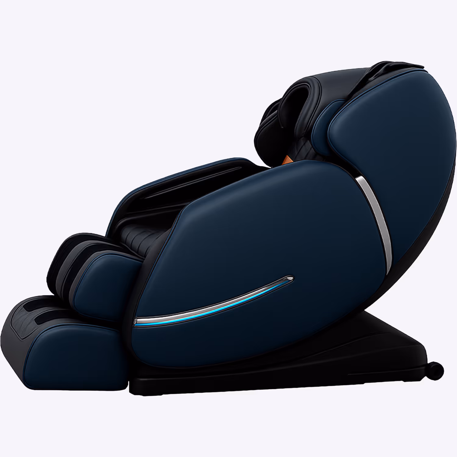 Modern blue and black reclining massage chair with footrest and headrest in side view.