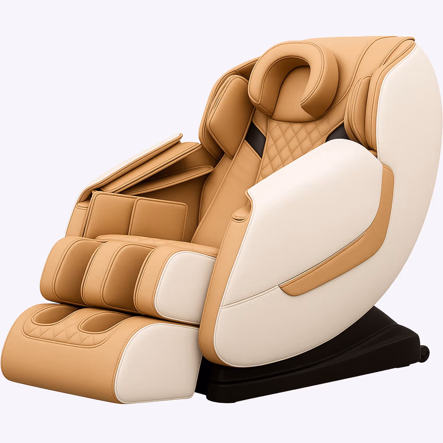 Modern massage chair with tan and cream upholstery and black base, featuring cushioned armrests and footrests.