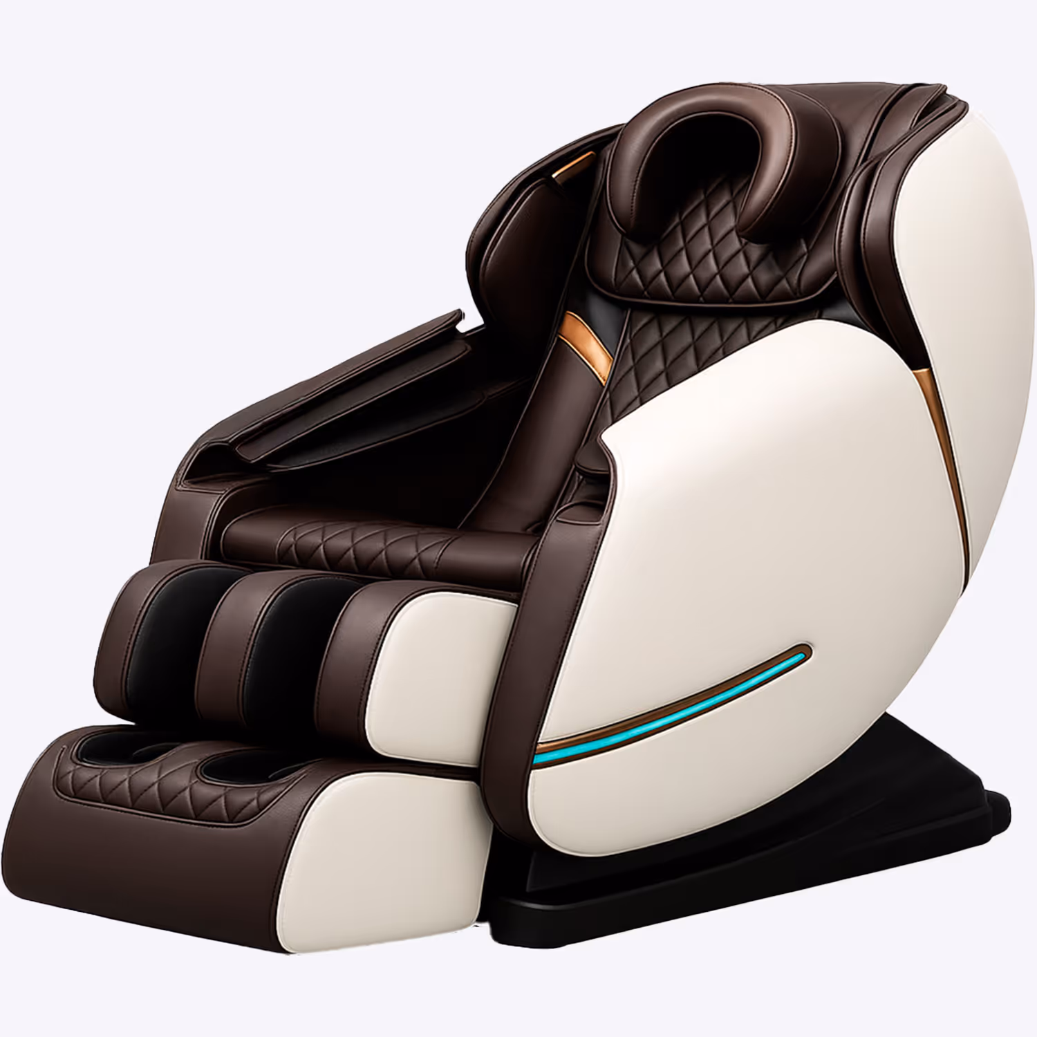 Modern brown and cream leather massage chair with padded armrests, headrest, and footrest.