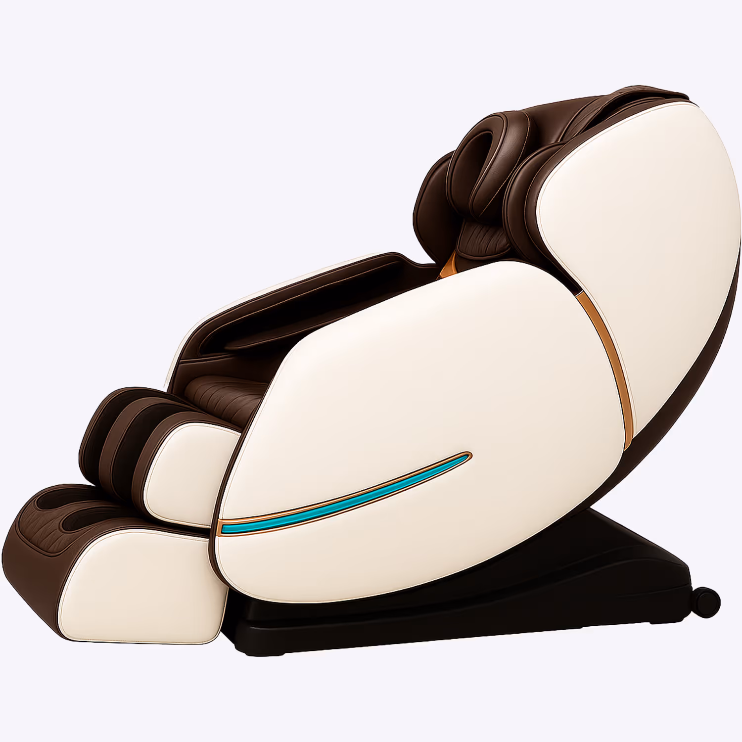Modern brown and cream massage chair with foot and leg massager in side view.