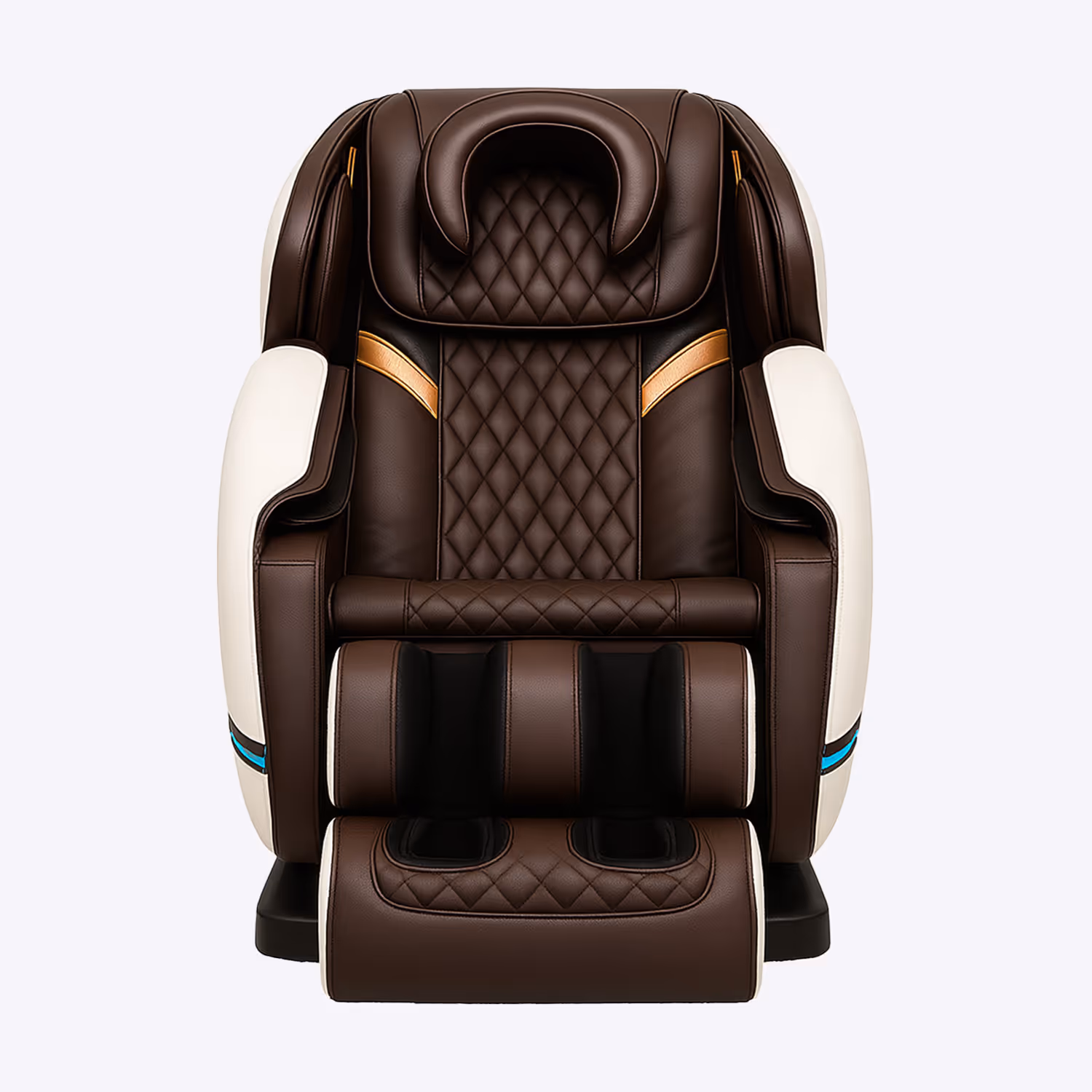Front view of a brown and white leather massage chair with quilted padding and footrest.