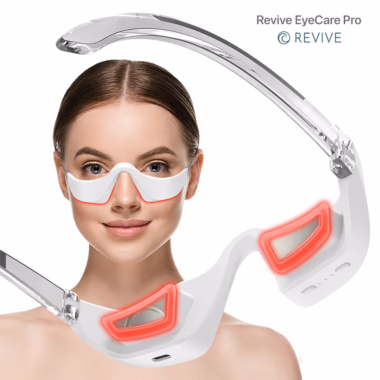 Woman wearing a white futuristic wearable eye care device with red illuminated areas around the eyes and on the frame.