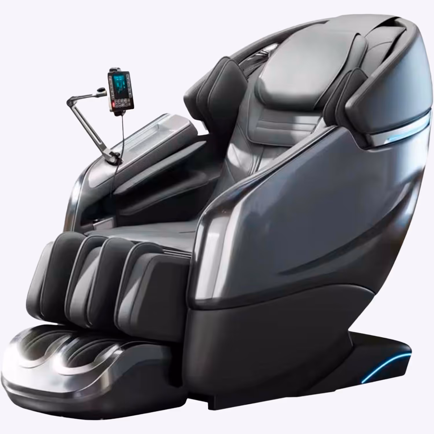 Modern black and gray massage chair with padded armrests, footrest, and attached control panel.