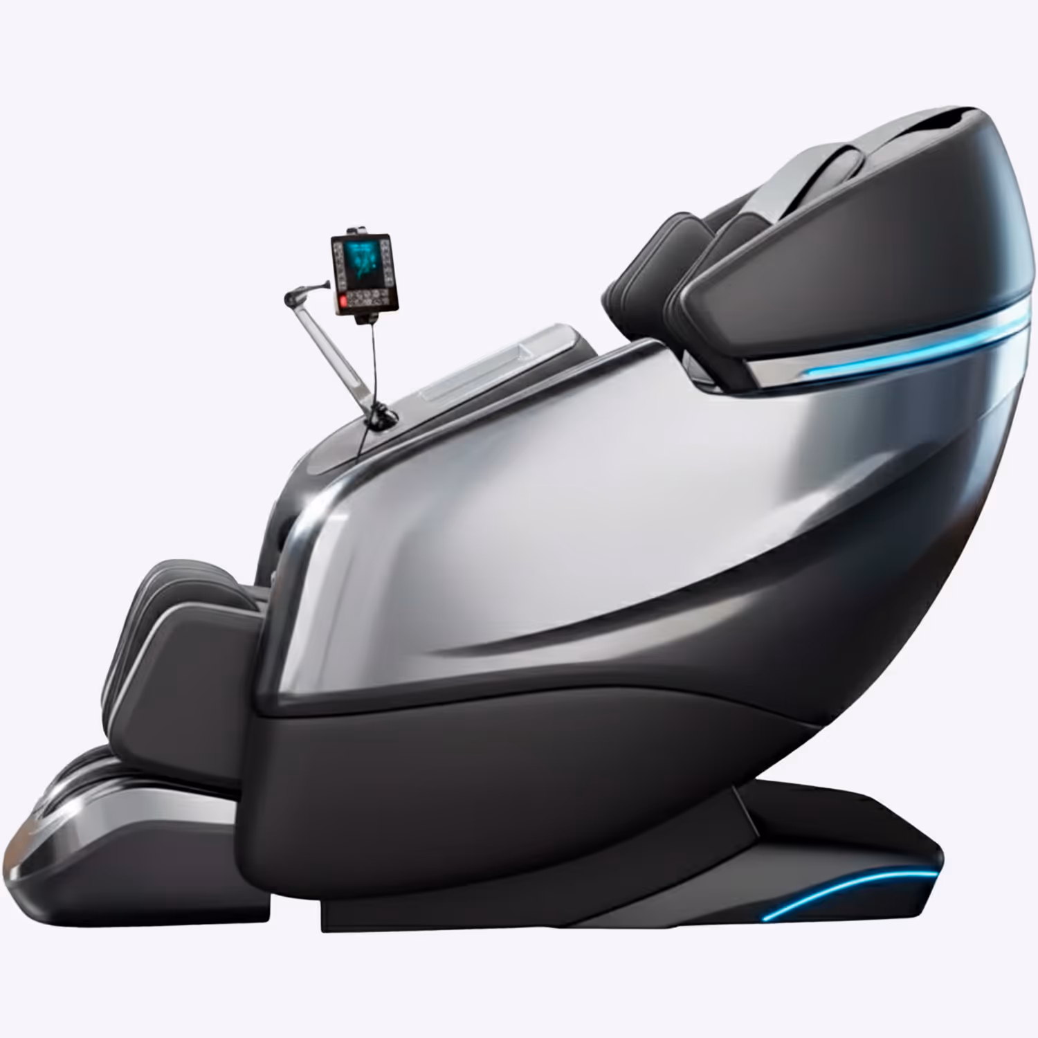 Side view of a modern massage chair with built-in control panel and blue LED lighting accents.
