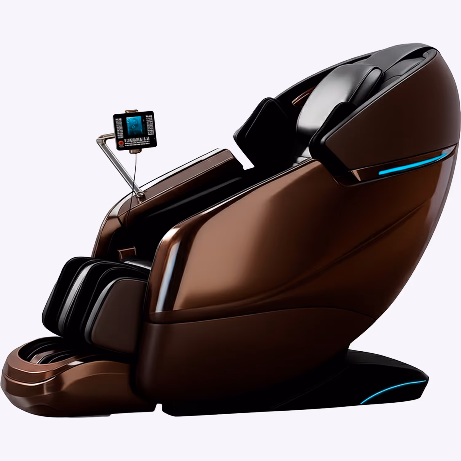 Brown and black futuristic massage chair with built-in footrest and attached control screen.