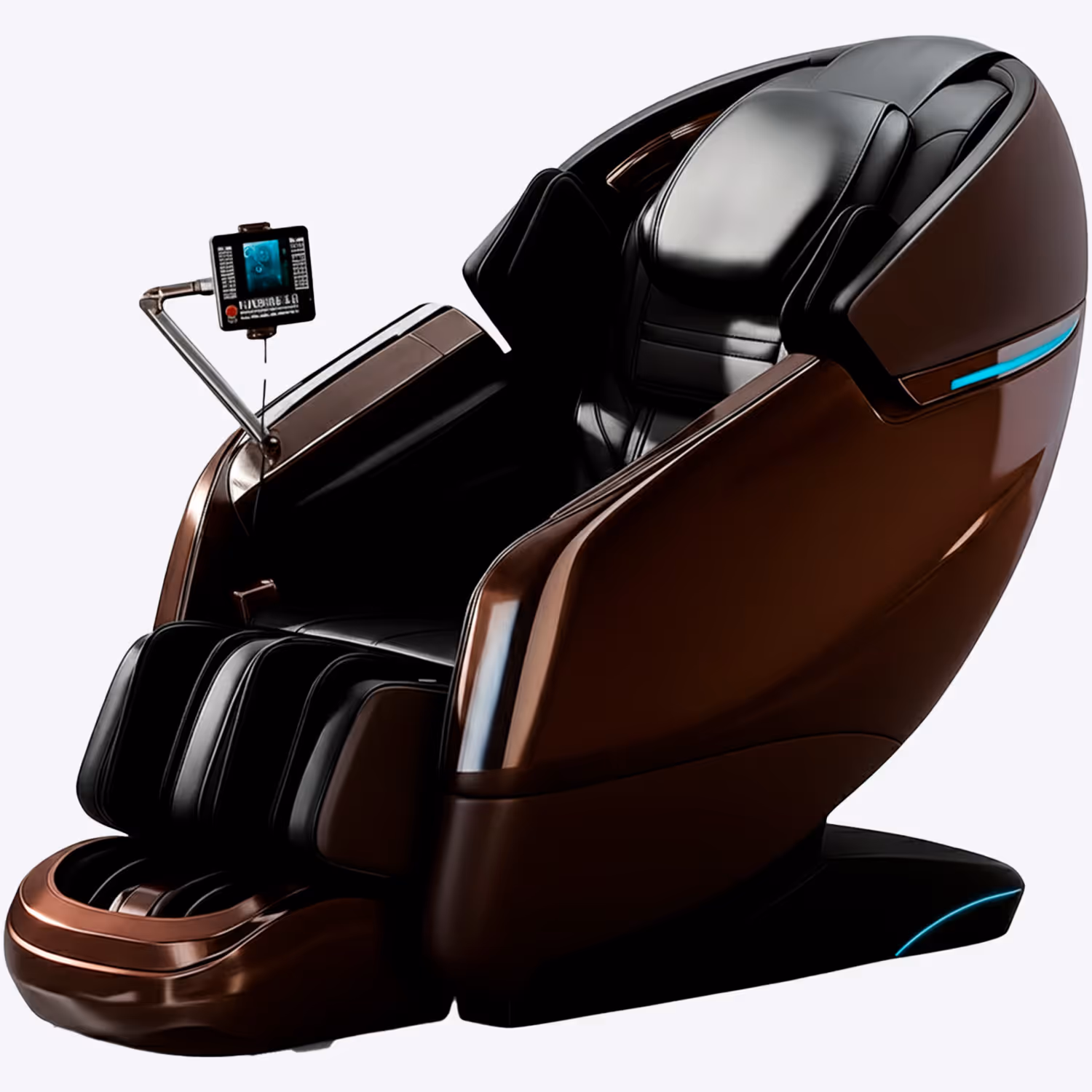 Modern brown and black massage chair with attached digital control screen.