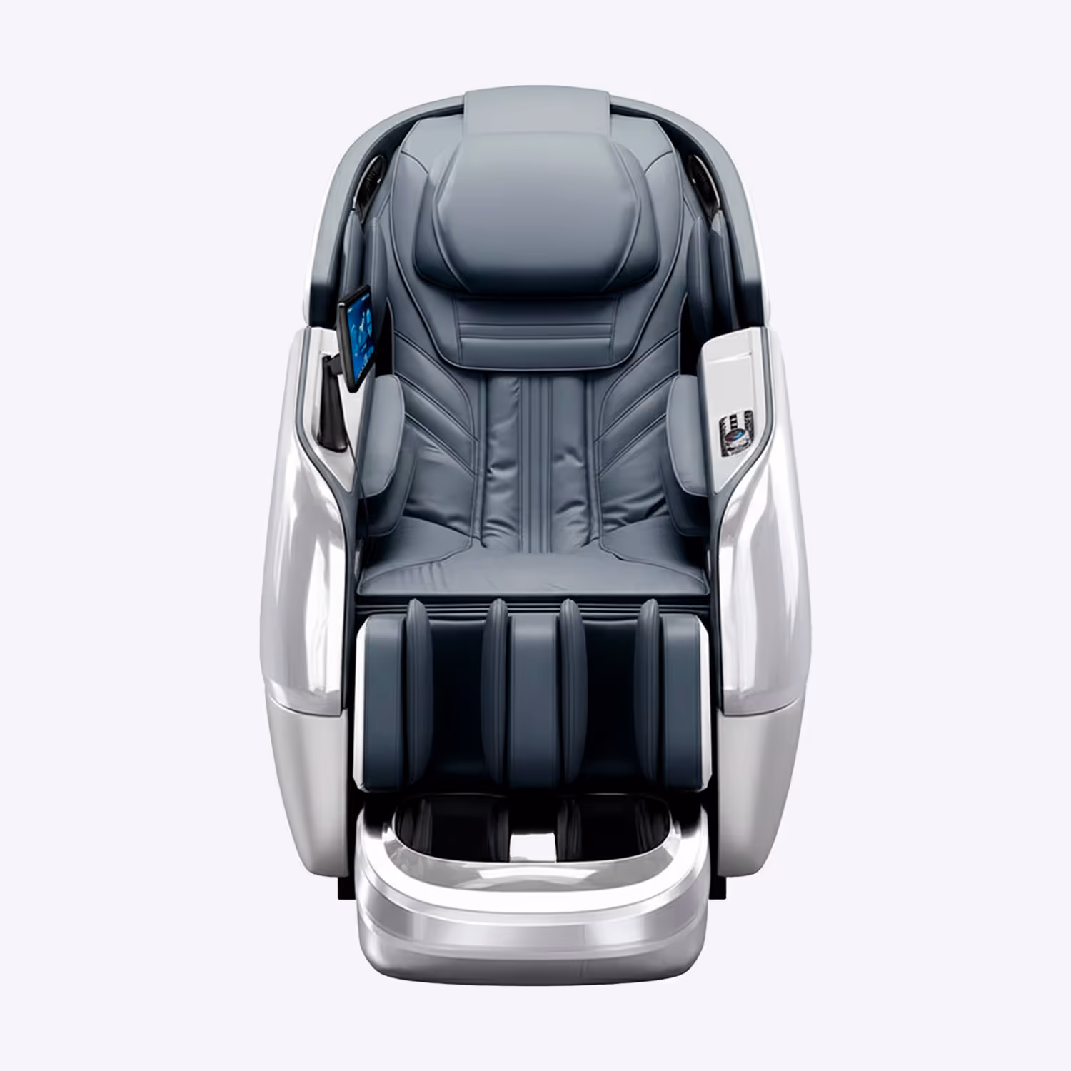 Modern ergonomic massage chair with padded headrest, armrests, and a control panel on the side.