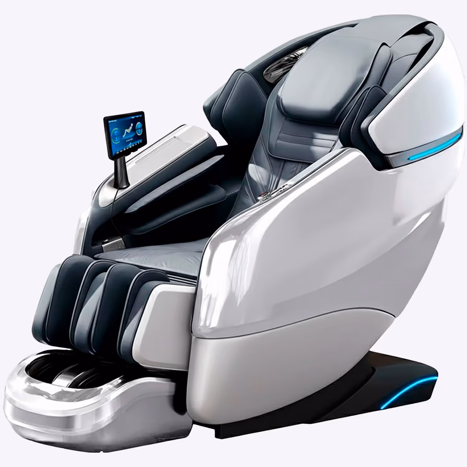 Modern white and black massage chair with footrest and built-in touchscreen control panel.