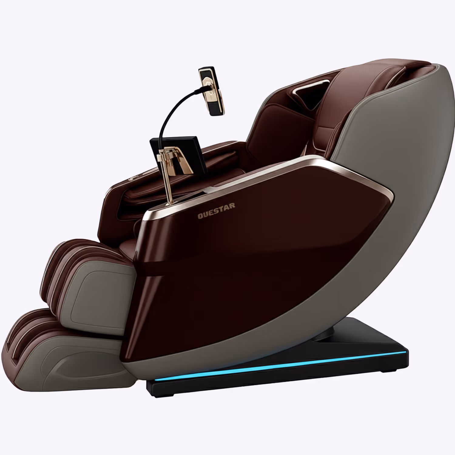 Brown and gray Questar massage chair with footrest and adjustable screen mount on a black base with blue accent lighting.