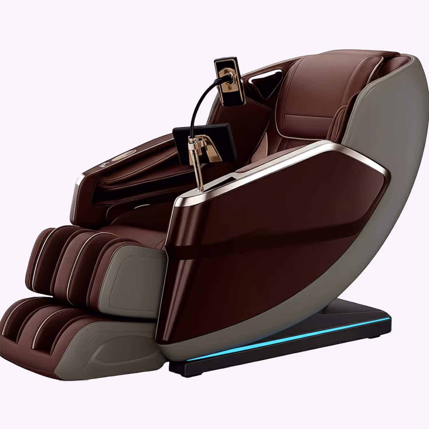 Modern brown and gray massage chair with foot rollers and attached tablet holder on a black base with blue accent light.