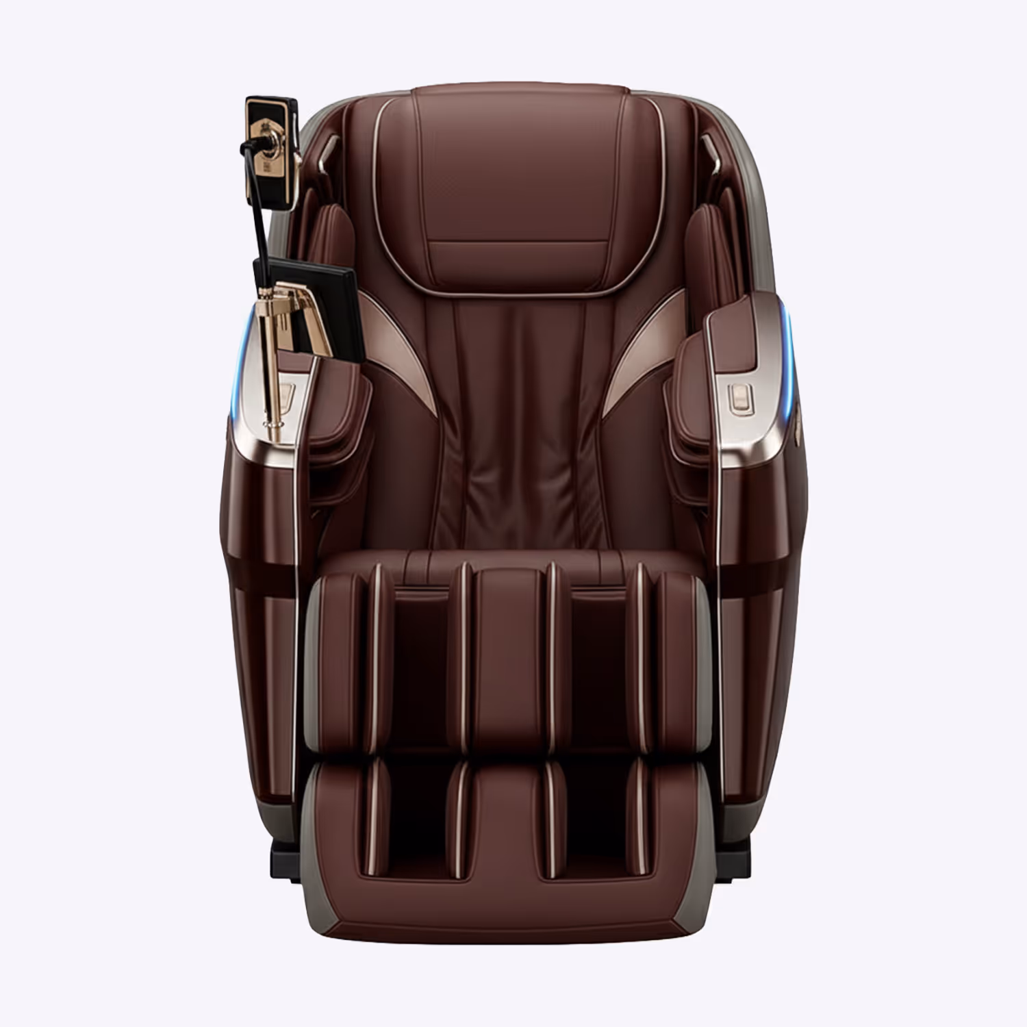 Front view of a brown leather massage chair with armrests and footrest.