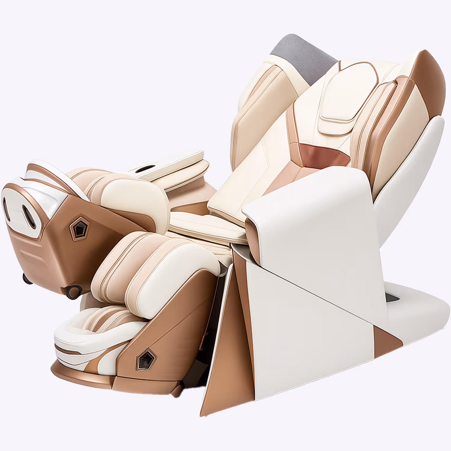 Modern reclining massage chair with beige, cream, and brown accents and padded armrests and footrest.