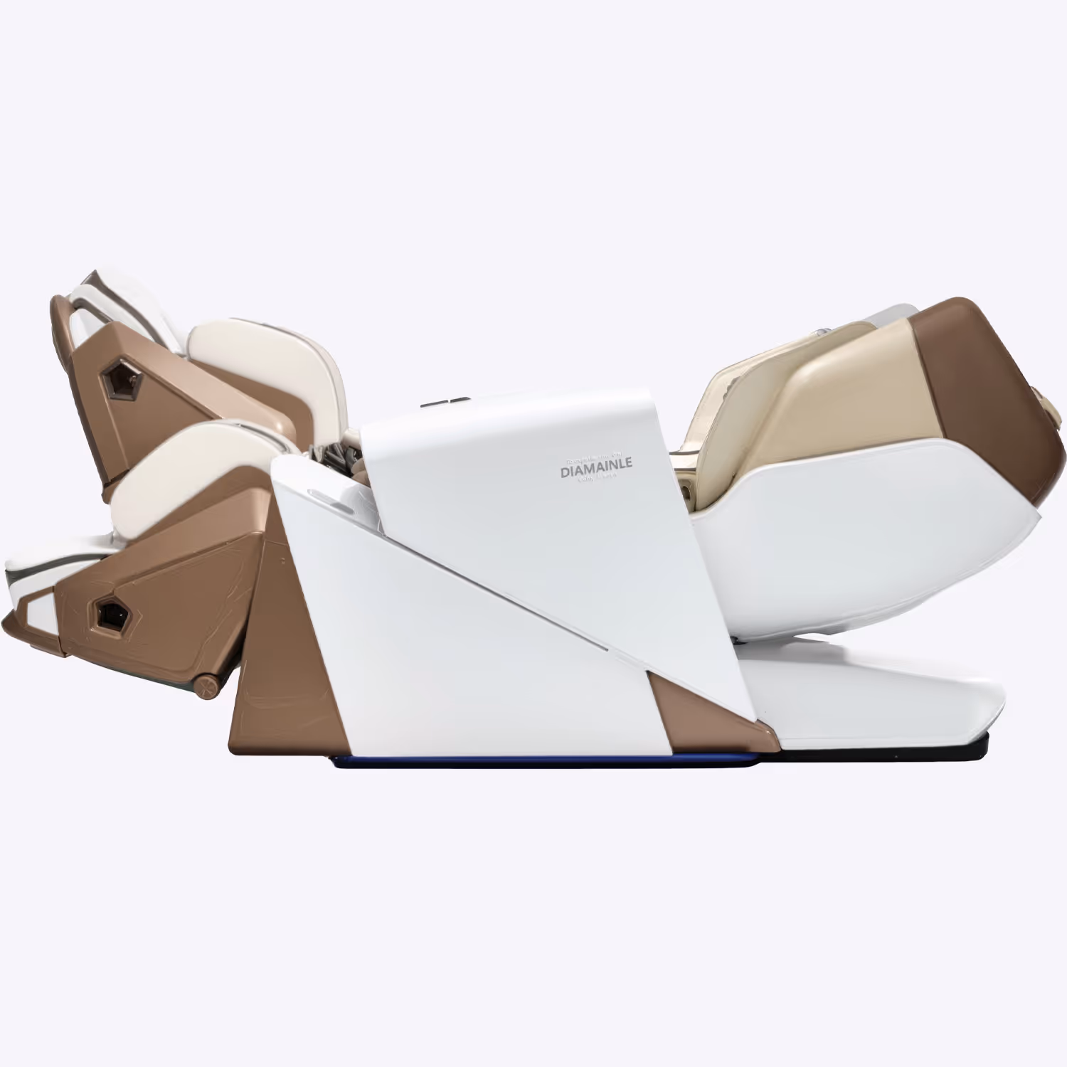 Side view of a modern reclining massage chair in white and beige with brown accents, labeled DIAMAINLE.
