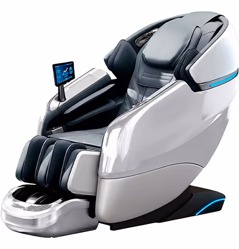 Modern white and gray massage chair with footrest and built-in touchscreen control panel.