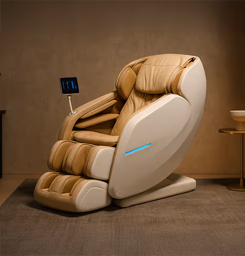 Modern beige and tan massage chair with a built-in digital control screen, placed on a carpeted floor against a neutral wall.