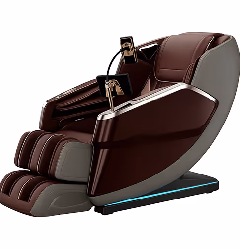 Modern brown and gray massage chair with integrated tablet holders on a black base with blue accent light.