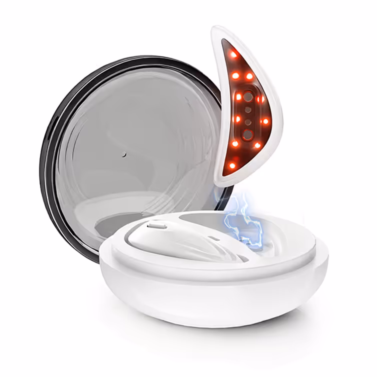 Dispositivo electrónico para cuidado de ojos con luces LED rojas y base blanca abierta con tapa reflectante.