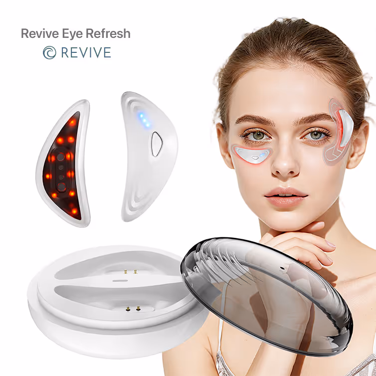 Dispositivo Revive Eye Refresh con luces LED, base de carga blanca y una mujer mostrando la aplicación del dispositivo alrededor de los ojos.