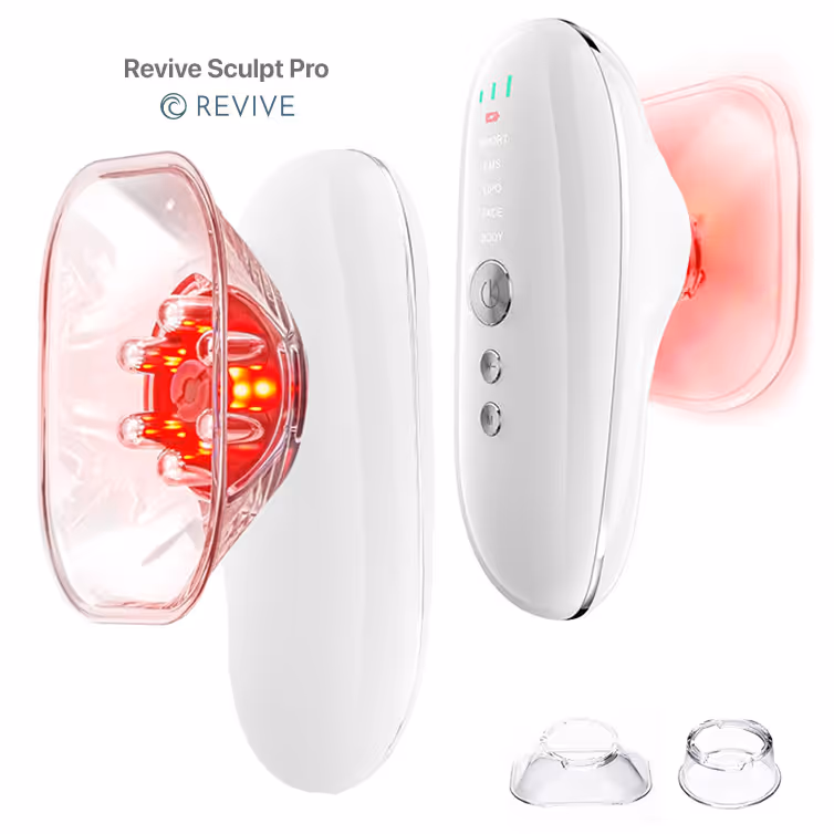 Dispositivo blanco Revive Sculpt Pro con luces rojas LED y dos accesorios transparentes adicionales.