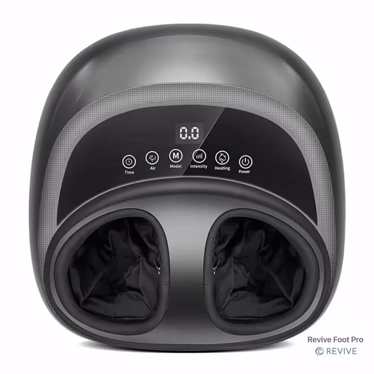Black Revive Foot Pro massager with digital display and control buttons including Time, Air, Model, Intensity, Heating, and Power.