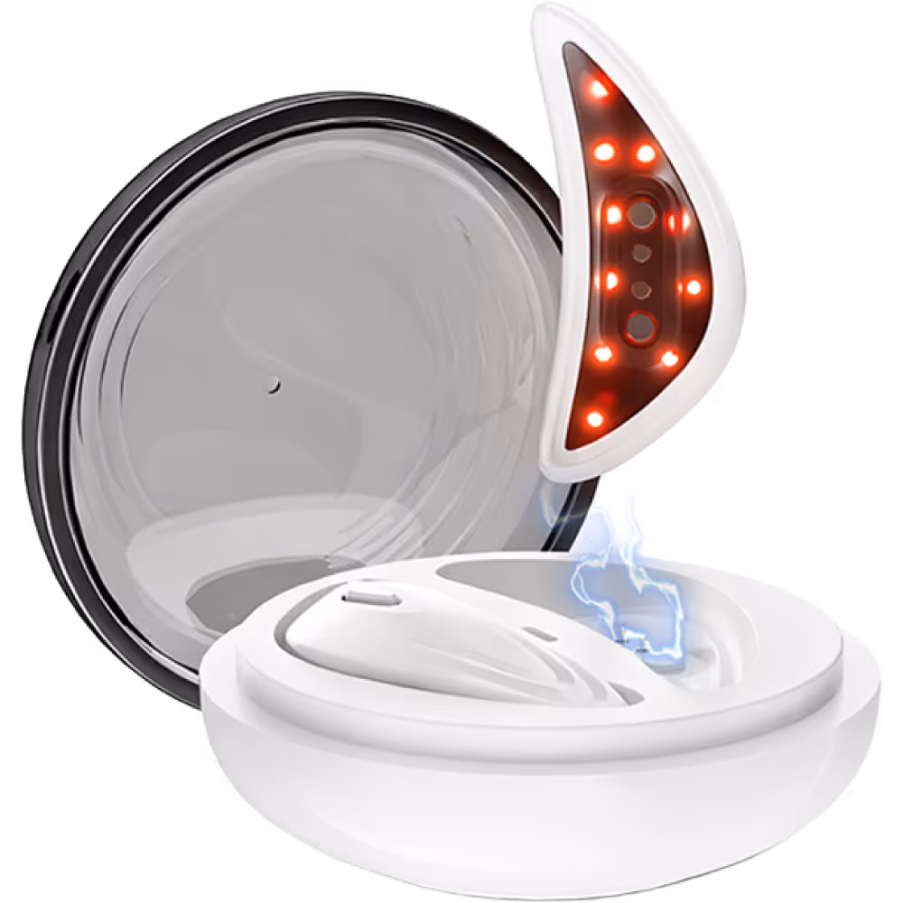 Dispositivo blanco de cuidado facial con luces LED rojas y efecto de energía azul dentro de una caja abierta.