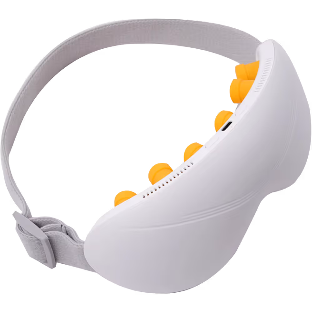 Dispositivo de masajeador de cuero cabelludo blanco con puntos de masaje amarillos y una banda ajustable gris.