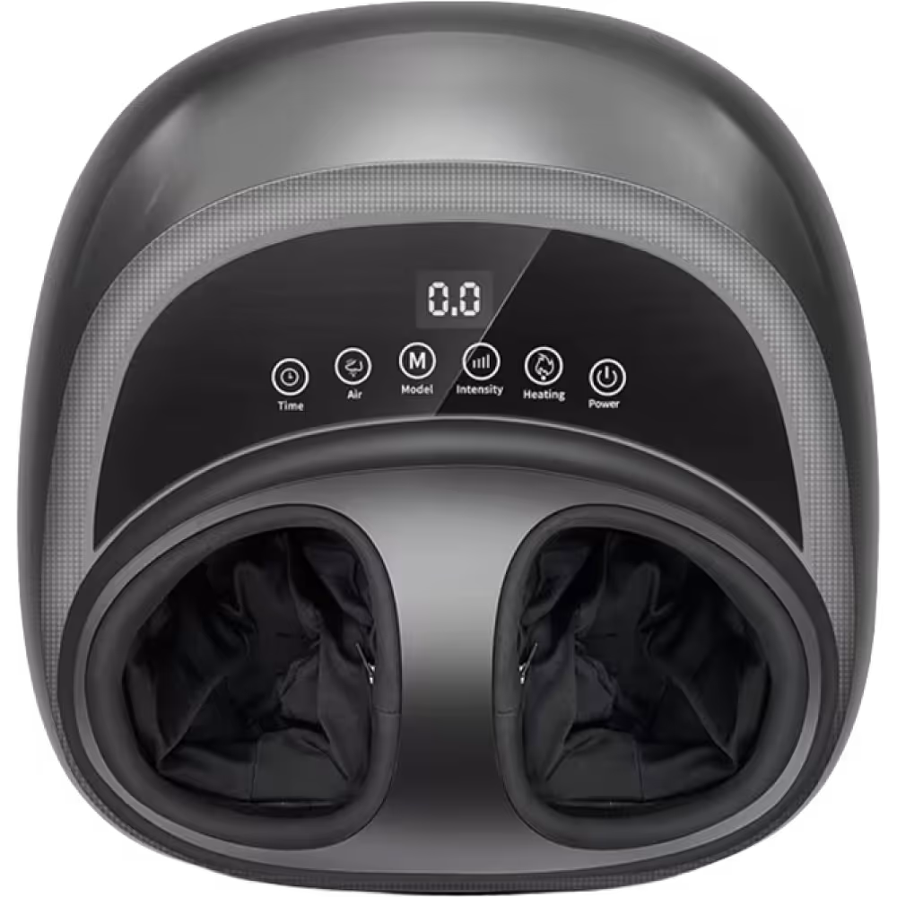 Masajeador eléctrico de pies con pantalla digital y botones para tiempo, aire, modo, intensidad, calentamiento y encendido.