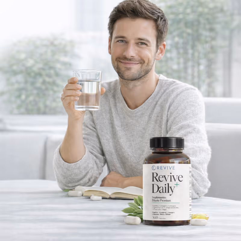 Hombre sonriente con suéter gris sosteniendo un vaso de agua junto a un frasco de suplemento Revive Daily sobre una mesa.