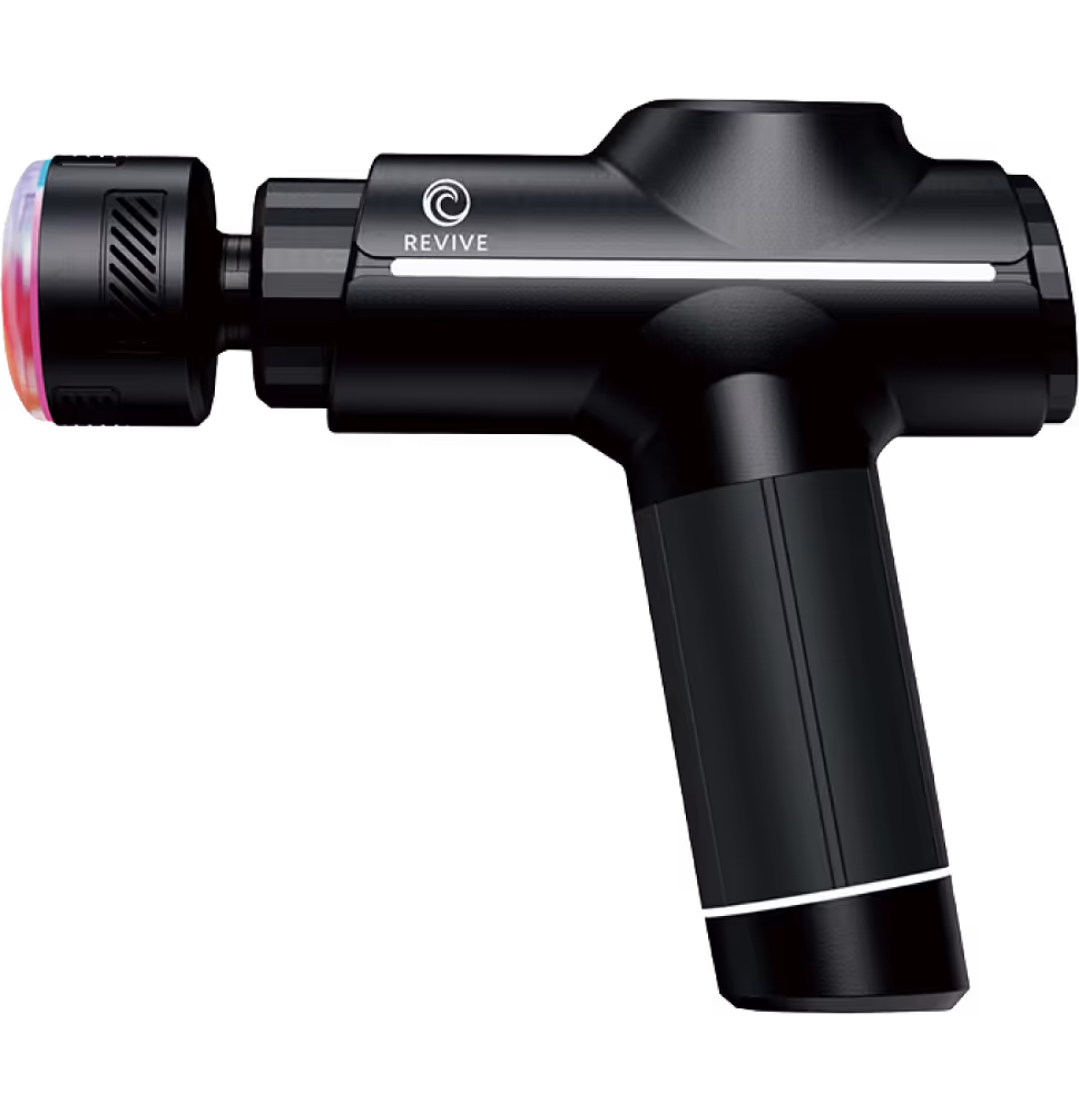 Pistola de masaje de percusión negra con luz LED en la cabeza y la palabra Revive en el cuerpo.