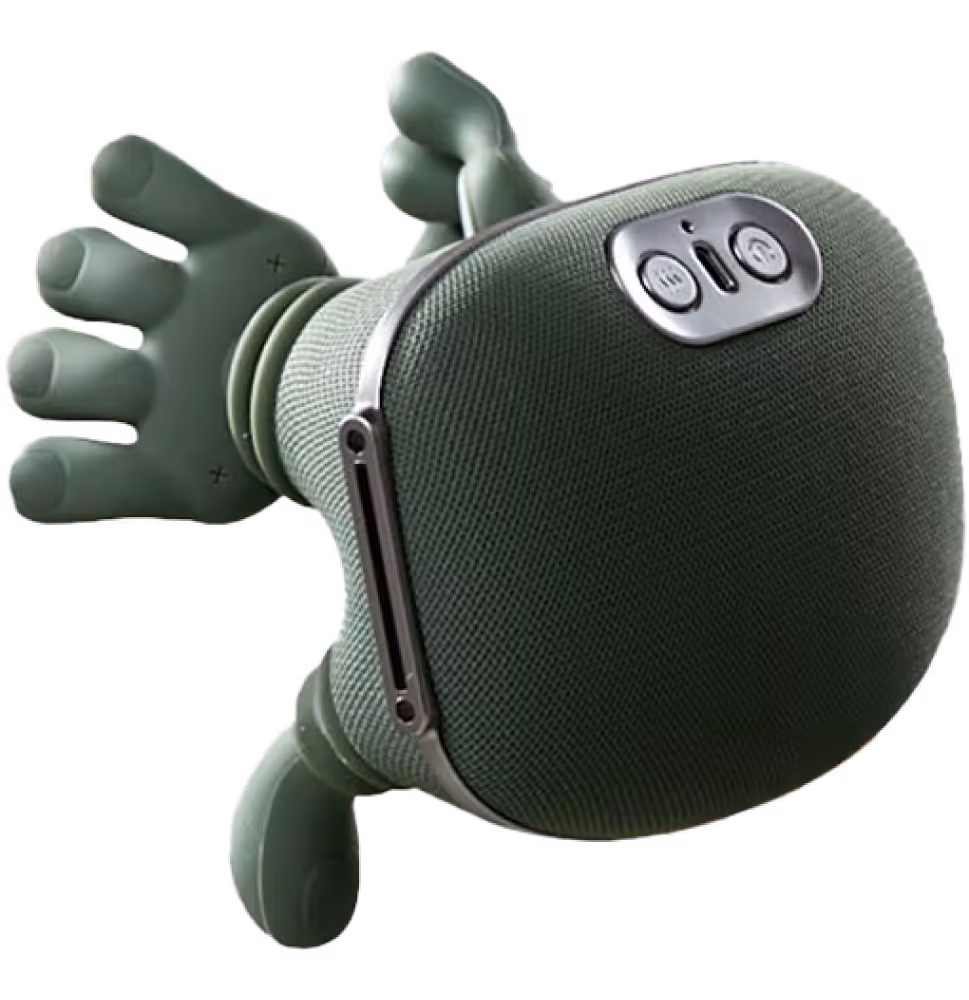 Masajeador de cuello verde con forma de mano y controles en la parte frontal.