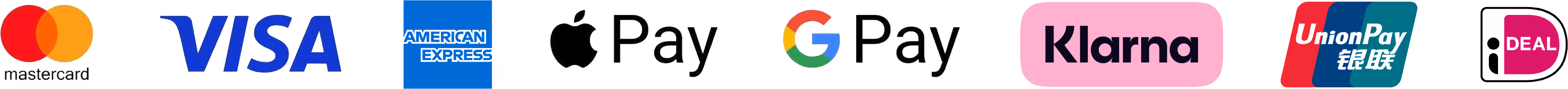 Logotipos de métodos de pago: Mastercard, Visa, American Express, Apple Pay, Google Pay, Klarna, UnionPay e iDEAL.