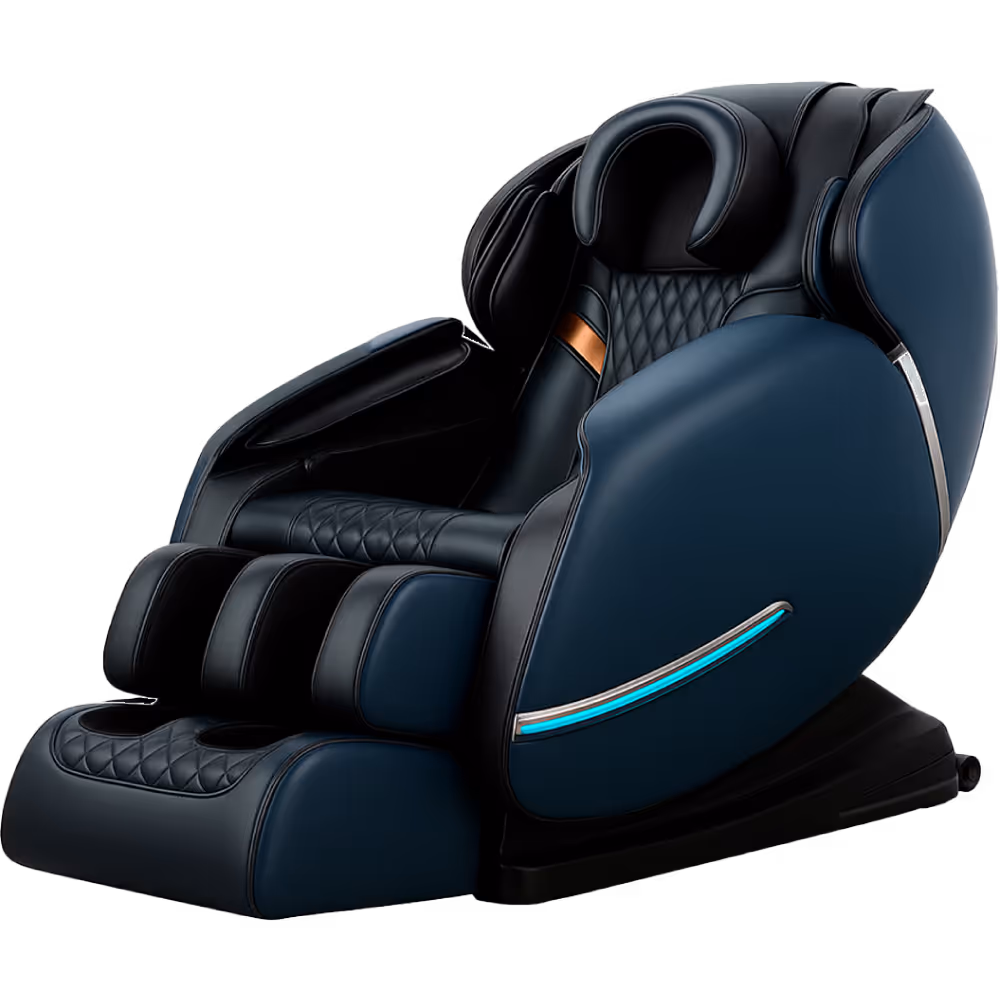 Sillón de masaje de cuero negro y azul con detalles acolchados y luz LED azul en el costado.