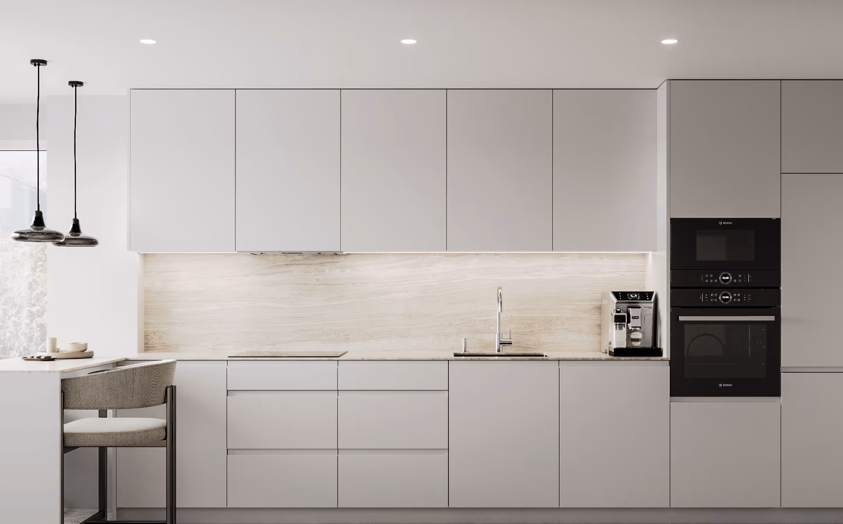Cocina moderna minimalista con gabinetes grises, fregadero, cafetera y horno empotrado Bosch.